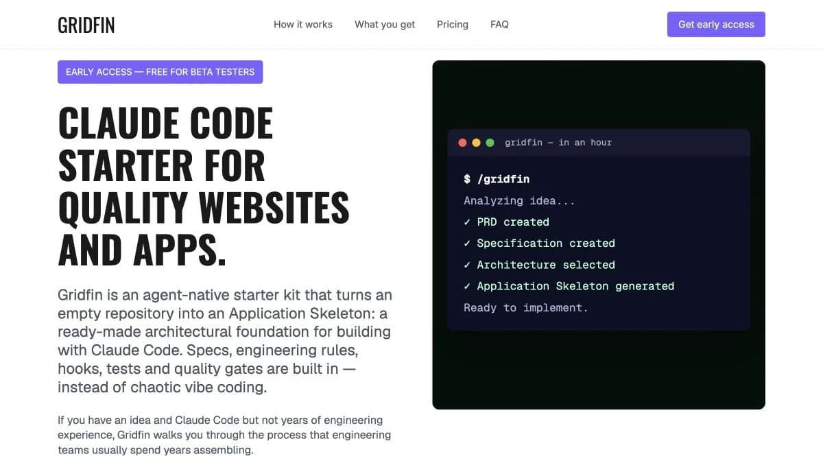 Gridfin product landing with a Claude Code terminal preview